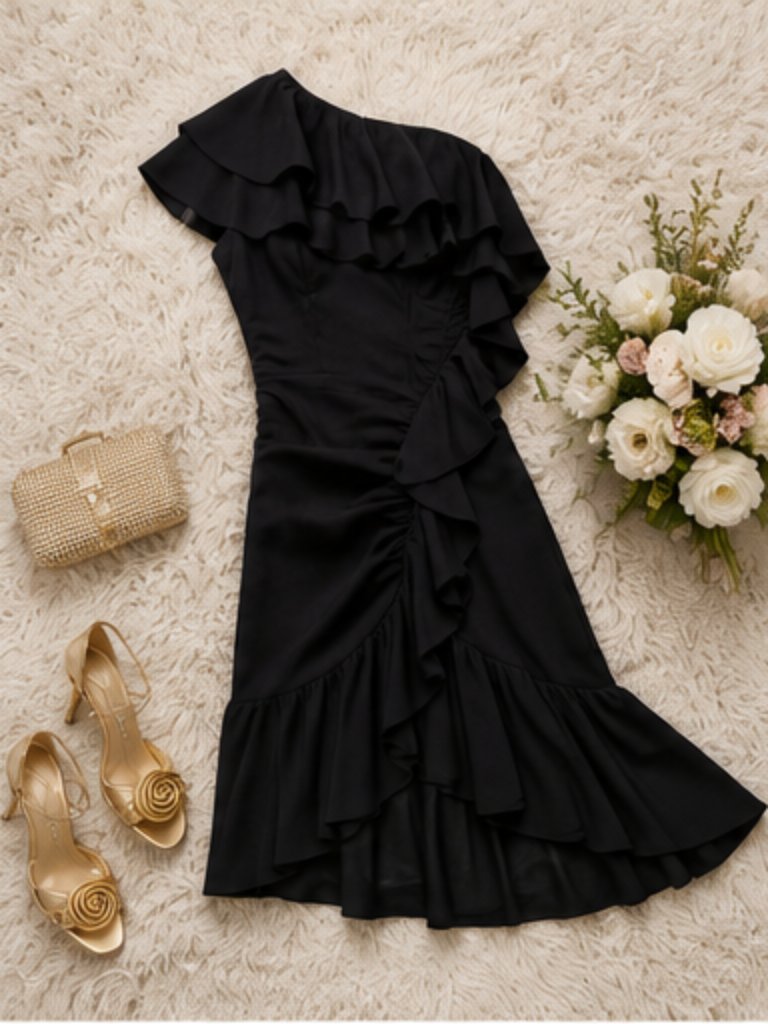 Jewel Badgley Mischka One Shoulder Ruffle Mini Dress Nwt Size 4 Black